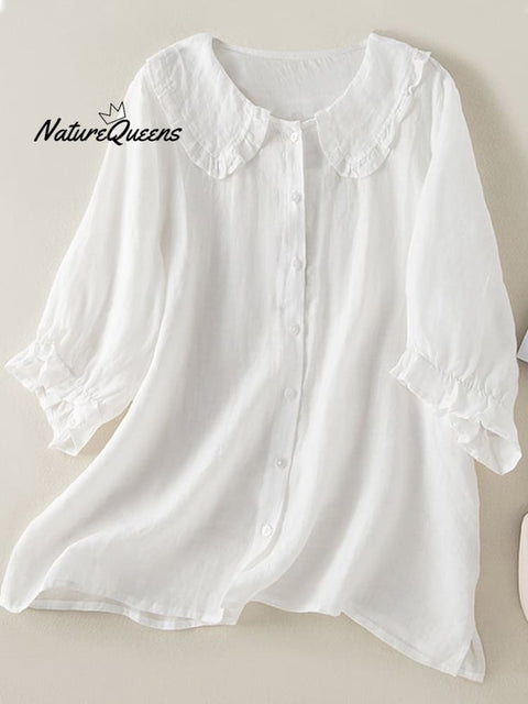 Cotton Linen Loose Peter Pan Ruffles Neck Shirt White / M