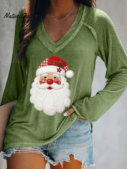 Women's Santa Claus Print V-Neck T-Shirt