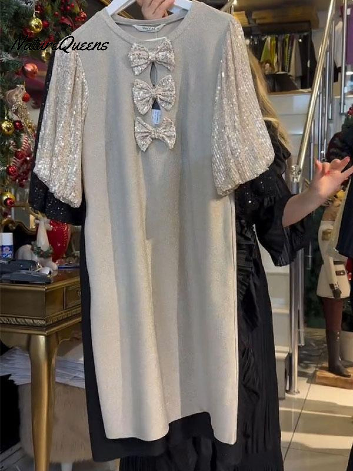 Women's Round Neck Sequin Dress with Bow✨