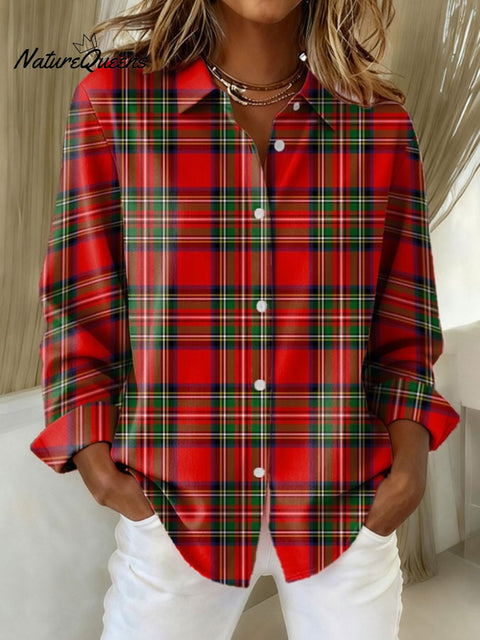 Women's Christmas Plaid Print Casual Lapel Shirt