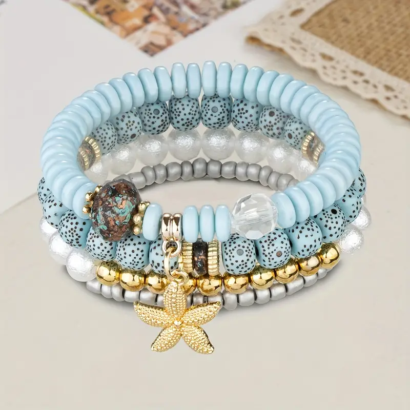 4pcs Starfish Pendant Beaded Bracelet Set Blue Color Hand String Jewelry Set Ocean Style