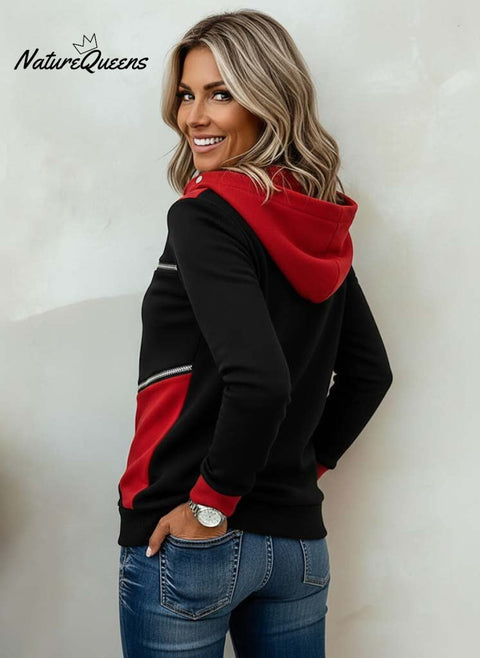 Women's Casual Loose Paneled Color-Block Zipper Hooded Sweatshirt