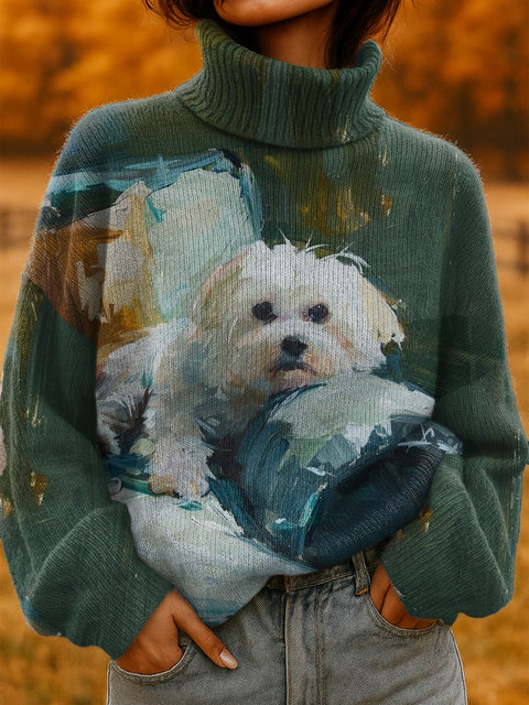 Women's Dog Print Turtleneck Knit Sweater