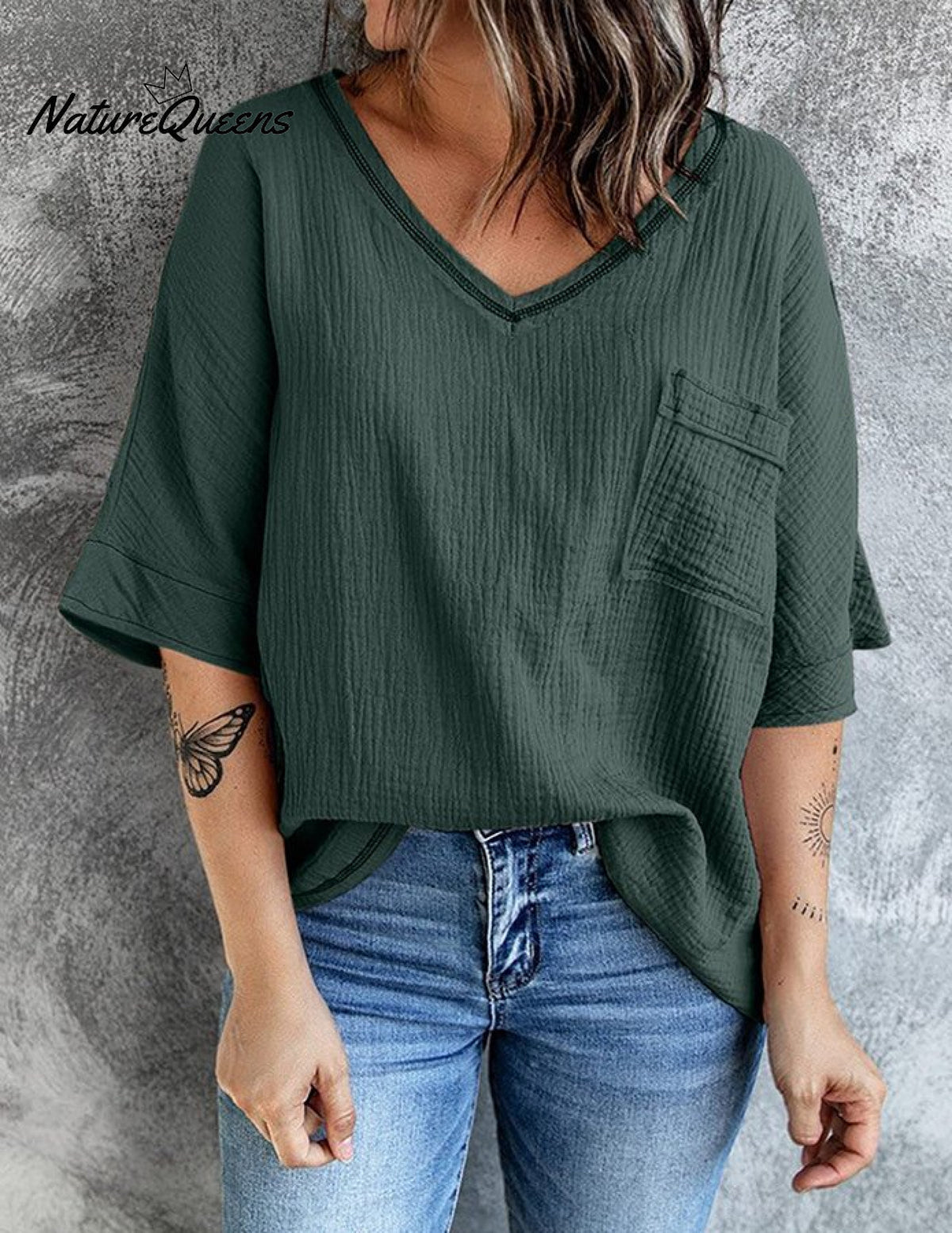 Women's V-neck Pocket Split Middle Sleeve Top Shirt