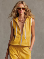 Sporty Retro Striped Yellow Cotton Blend Sleeveless Hooded Sweatshirt And Pants Set