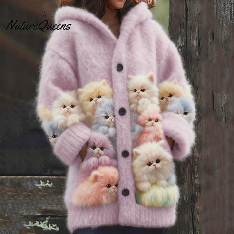 Lovely Fuzzy Colorful Cats Cozy Hooded Cardigan