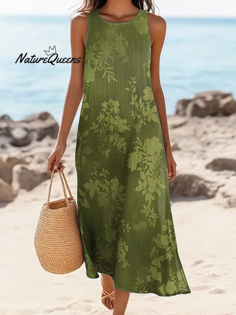 Women's Floral Print Crew Neck Linen Blend Midi Dress