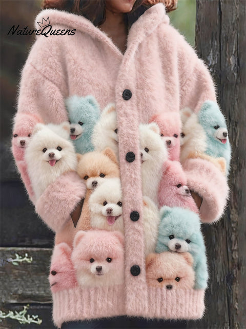 Colorful Pom Dogs Cozy Knit Hooded Cardigan