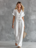 Stylish Casual Vacation V-neck Short Sleeve Jumpsuit