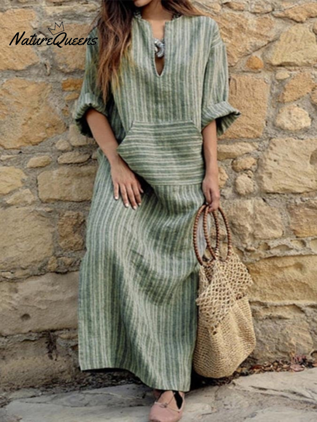 Ladies Cotton And Linen Yarn - Dyed Striped Loose Dress Green / S