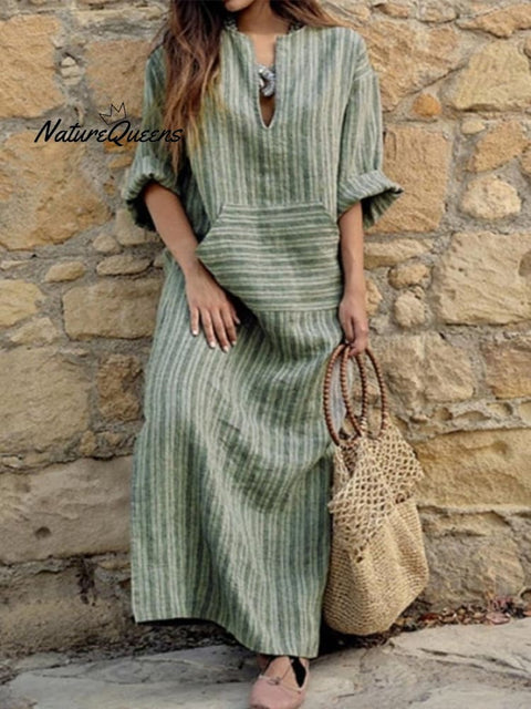 Ladies Cotton And Linen Yarn - Dyed Striped Loose Dress Green / S