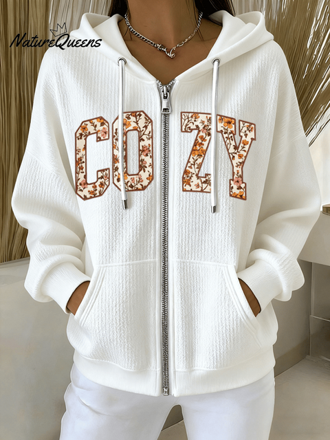 Women's Fall Cozy Season Print Casual Zip-Up Hooded Sweatshirt Jacket