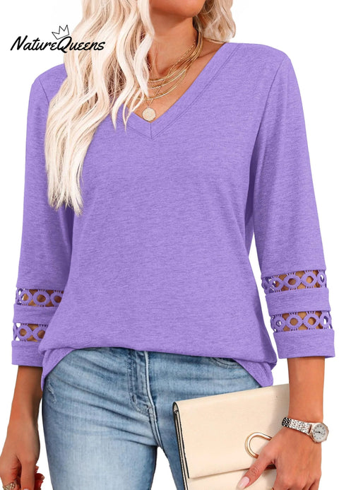 2025 New Womens 3/4 Length Sleeve Tops Trendy V Neck T Shirts