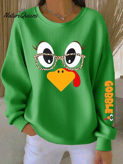 Women's Retro Thanksgiving GOBBLE Print Round Neck Sweatshirt
