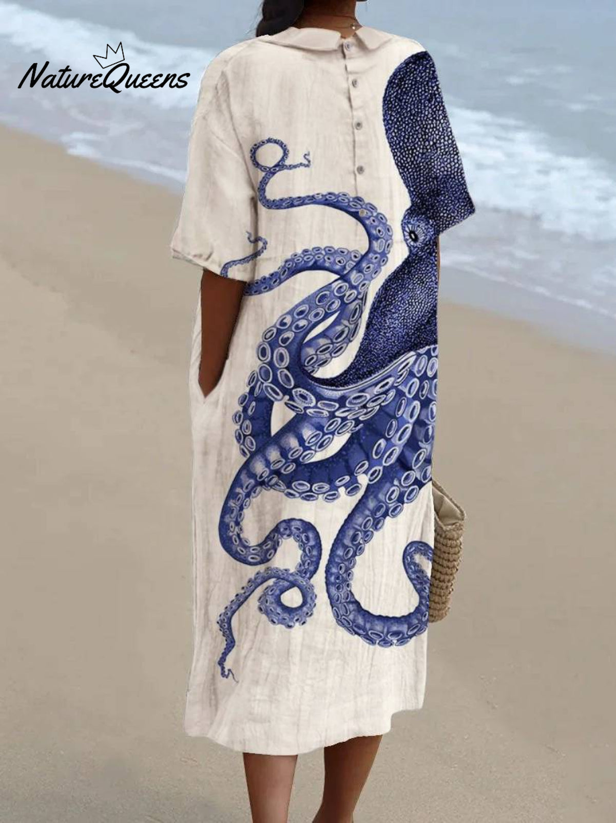 Women's Japanese Octopus Art Pocket Linen Dress(Convertible Dress With Front And Back Option)