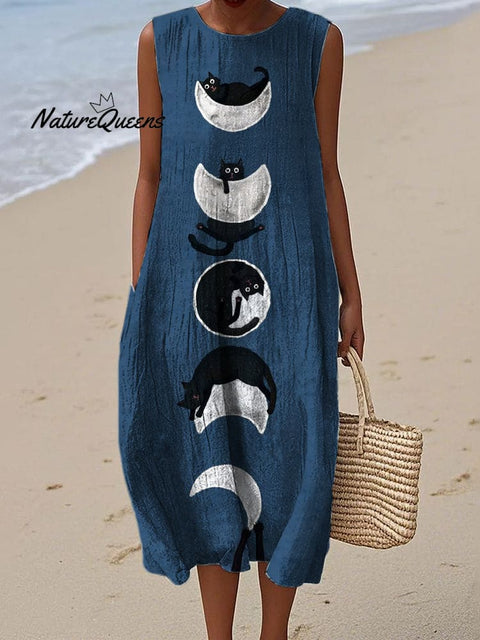 Lovely Black Cats Moon Phase Flowy Linen Dress