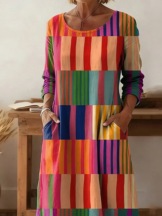 Women'S Round Neck Color-Block Striped Loose-Fitting Dress