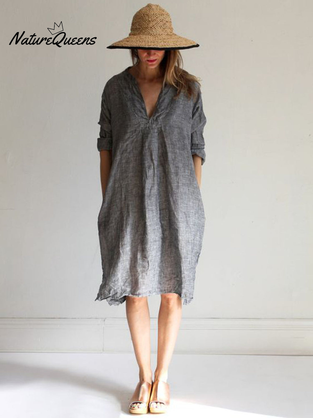 Linen Casual Women's V-Neck Long Dress