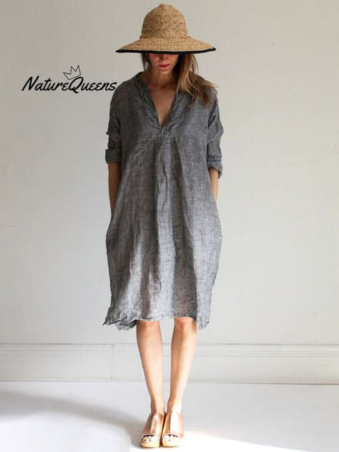 Linen Casual Women's V-Neck Long Dress