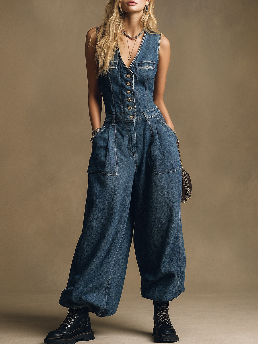 Retro Sporty V-neck Sleeveless Single-breasted Denim Jumpsuit