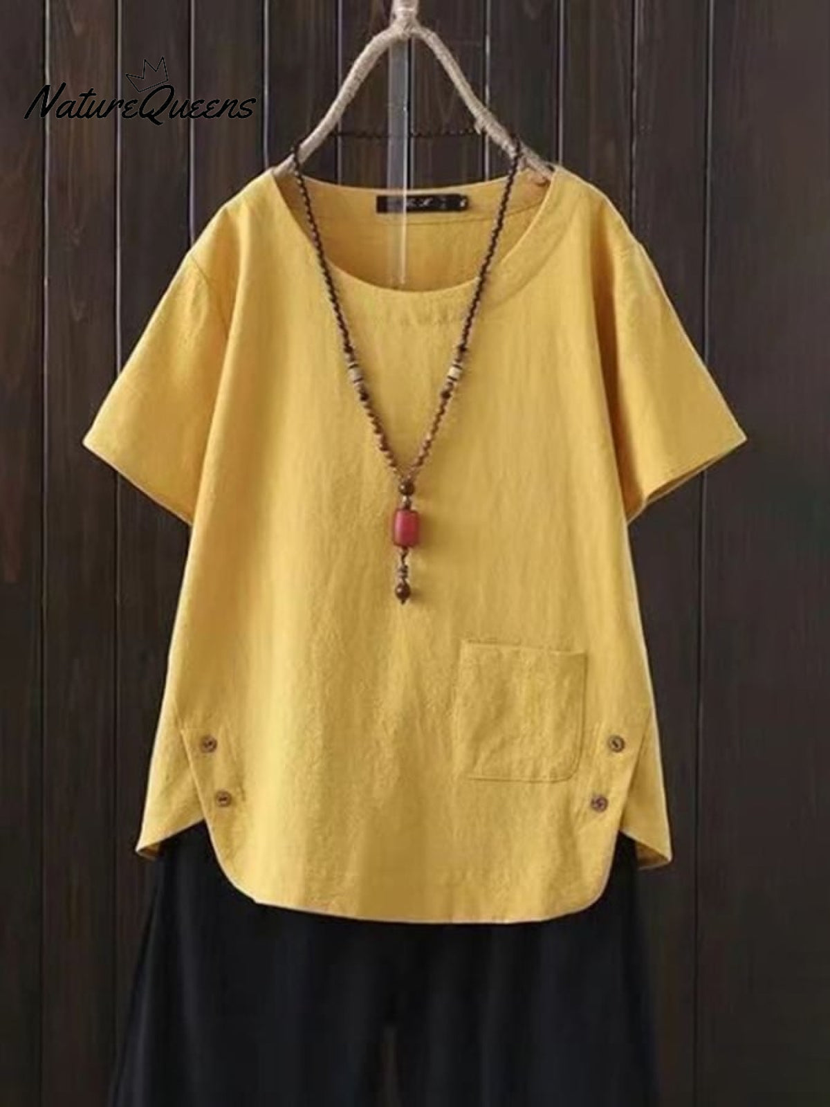 Women’s Solid Color Cotton And Linen Round Neck Button Short Sleeve Irregular Slit At Hem Blouse
