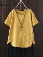 Women’s Solid Color Cotton And Linen Round Neck Button Short Sleeve Irregular Slit At Hem Blouse