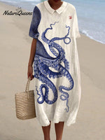Women's Japanese Octopus Art Pocket Linen Dress(Convertible Dress With Front And Back Option)