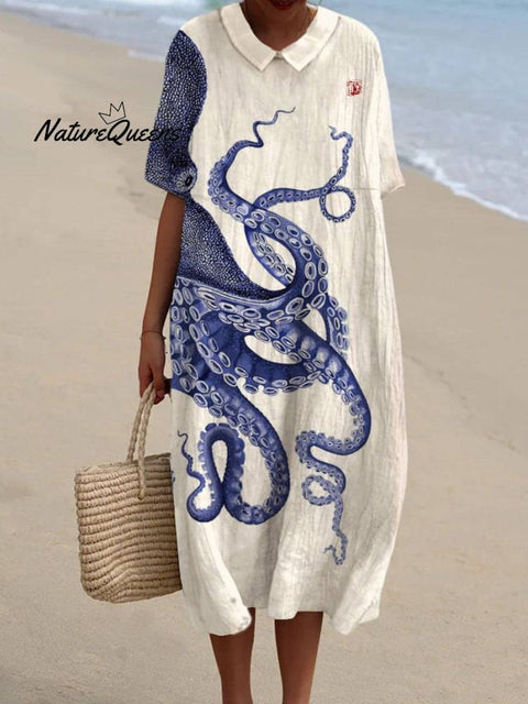 Women's Japanese Octopus Art Pocket Linen Dress(Convertible Dress With Front And Back Option)