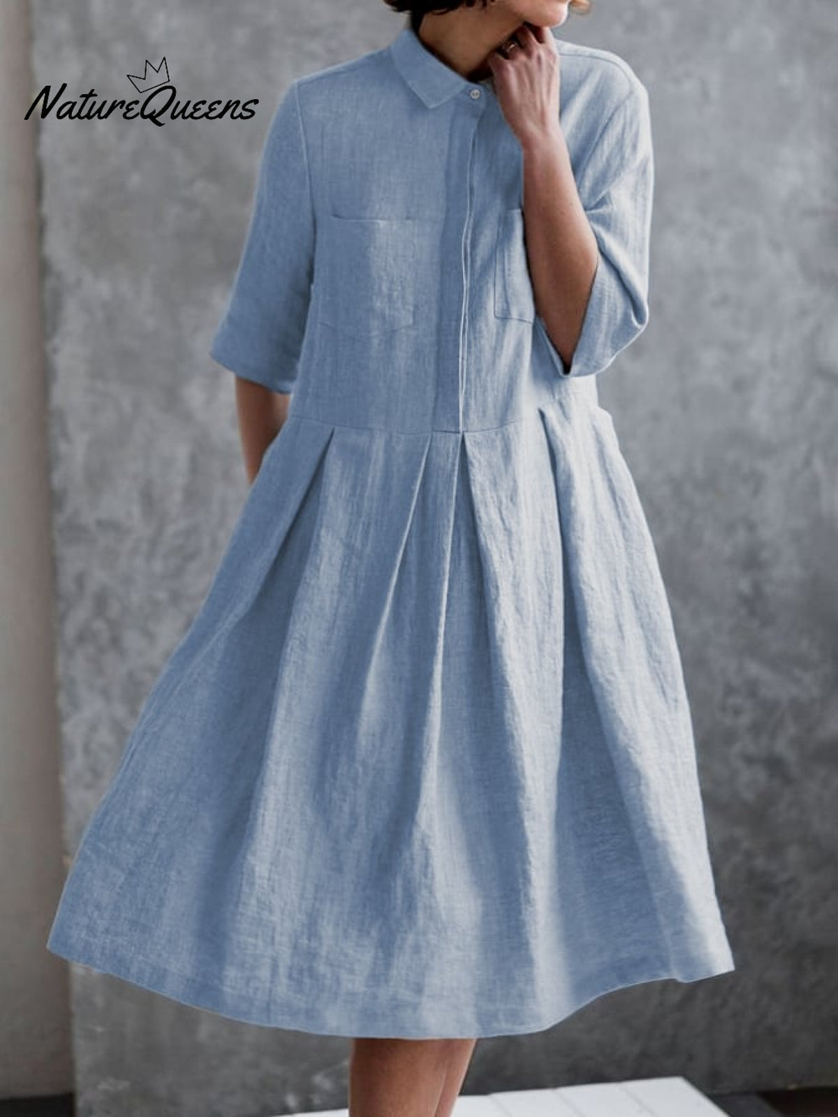 Women‘s Casual Elegant Double Pockets Half - Sleeve Dress Light Blue / S