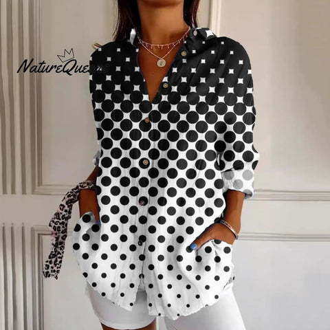 Women's Black And White Polka Dot Art Button Shirt