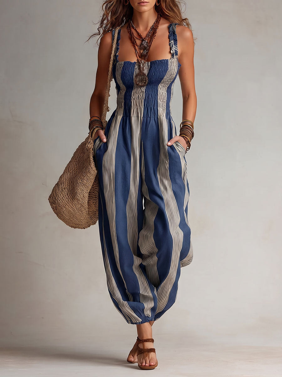 Women's Square-Neck Sleeveless Loose-Fit Casual Jumpsuit — Plaid Print Cotton-Linen Strappy Romper