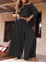 Full Size Boat Neck Top and Wide Leg Pants Set Plus Size