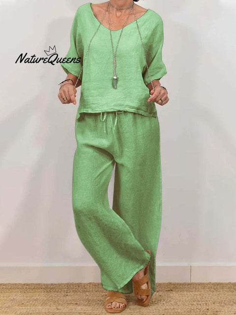 Solid Color Casual Half Sleeve Top&Pants Set