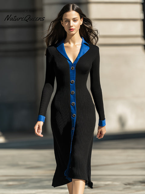 Elegant Black Ribbed Knit Midi Dress With Blue Contrast Collar And Cuffs