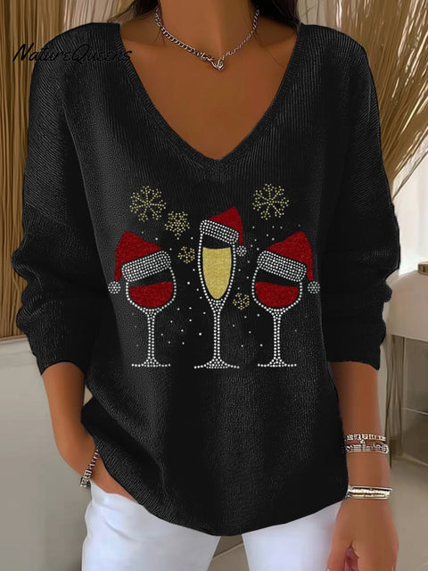Women's Christmas Red Wine Glass Print V Neck Sweater