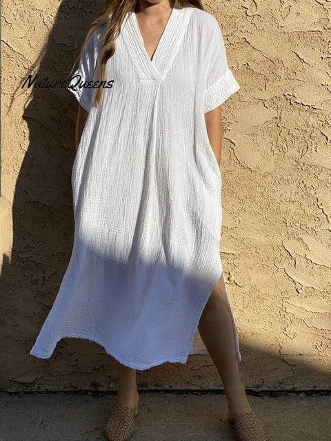 Women's Cotton V-Neck Loose Long Dress