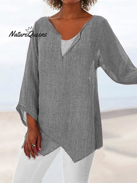 Jfn Cotton & Linen Asymmetric Hem Loose Fit Long Sleeve Shirts Tunic Top Gray / S(4)