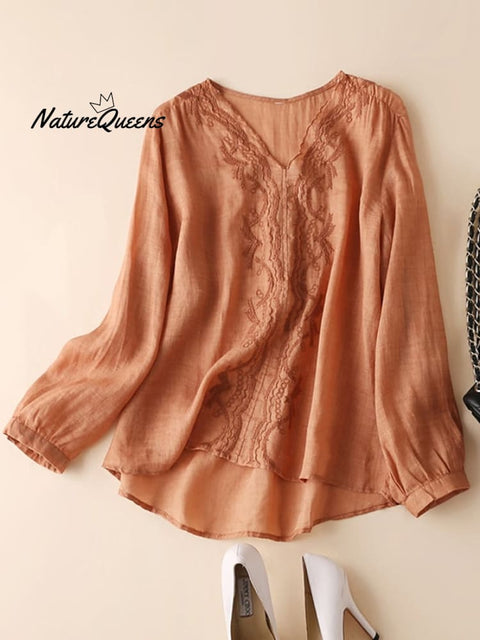 Cotton And Linen  Loose V-neck Embroidered Long Sleeve Shirt