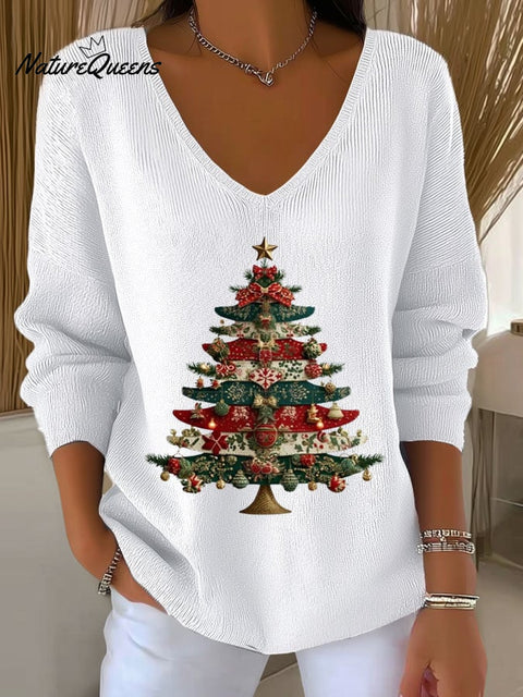 Women's Christmas Printed Knit Long Sleeve Top