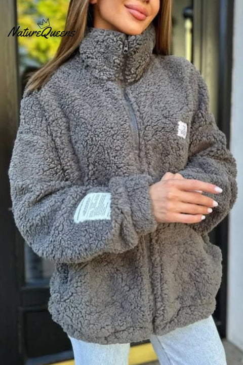 Solid Color Casual Long Sleeve Zipper Pocket Loose Jacket