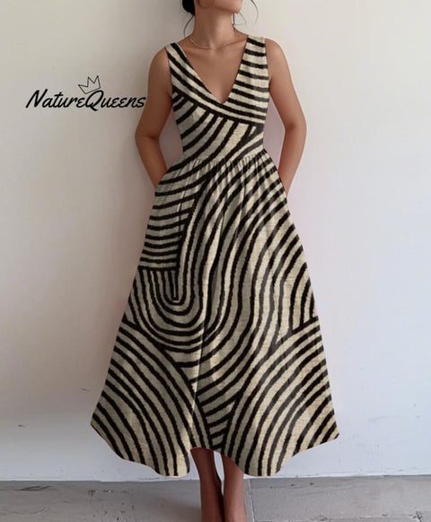 Retro Elegant Abstract Print V Neck Sleeveless Dress