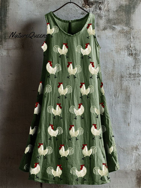 Farm Roosters Embroidered Linen Tank Dress