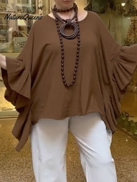Women's Boho Batwing Sleeve Ruffled Cotton and Linen Top