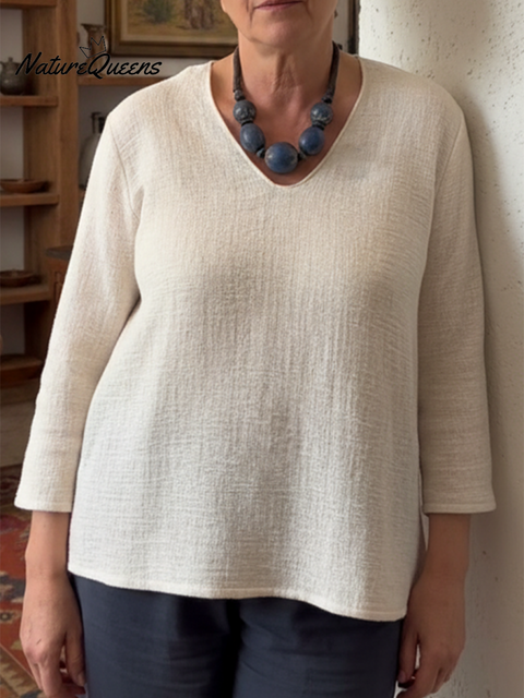 Women's V-neck Loose Solid Color Linen Top