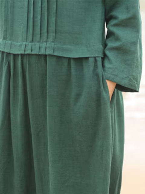 Women's Accordion Pleated Round Neck Cotton and Linen Dress