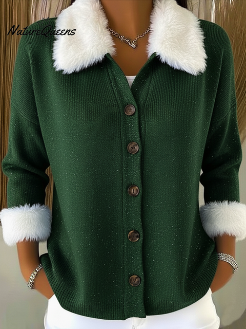 Christmas Casual Faux Rabbit Fur Collar Button Cardigan Sweater