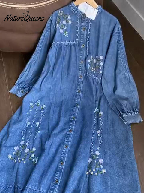 Floral Embroidery Denim Long-Sleeve Loose Dress