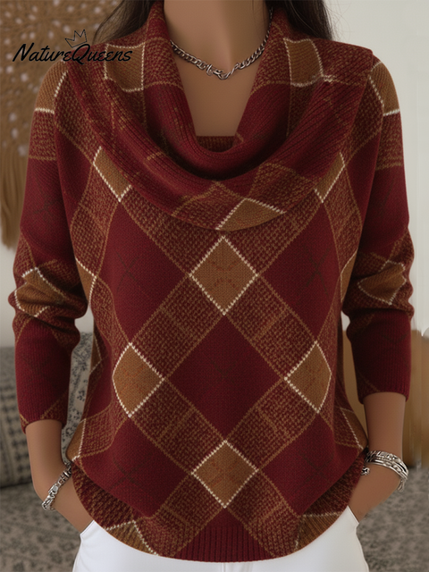 Retro Women's Mellow Red Wine Plaid Cowl Neck Sweater Top