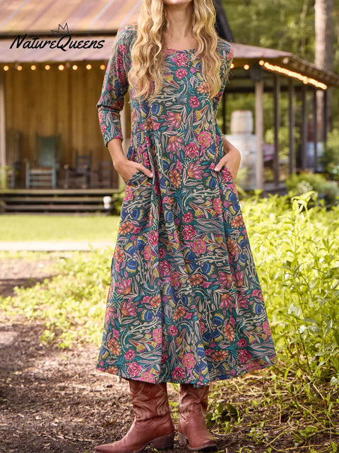 Bohemian Retro Pastoral Vine Print Knitted Stretch Dress