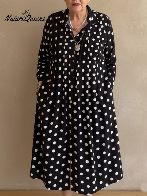 Women's Retro Pleated Polka Dot Print Lapel Midi Dress